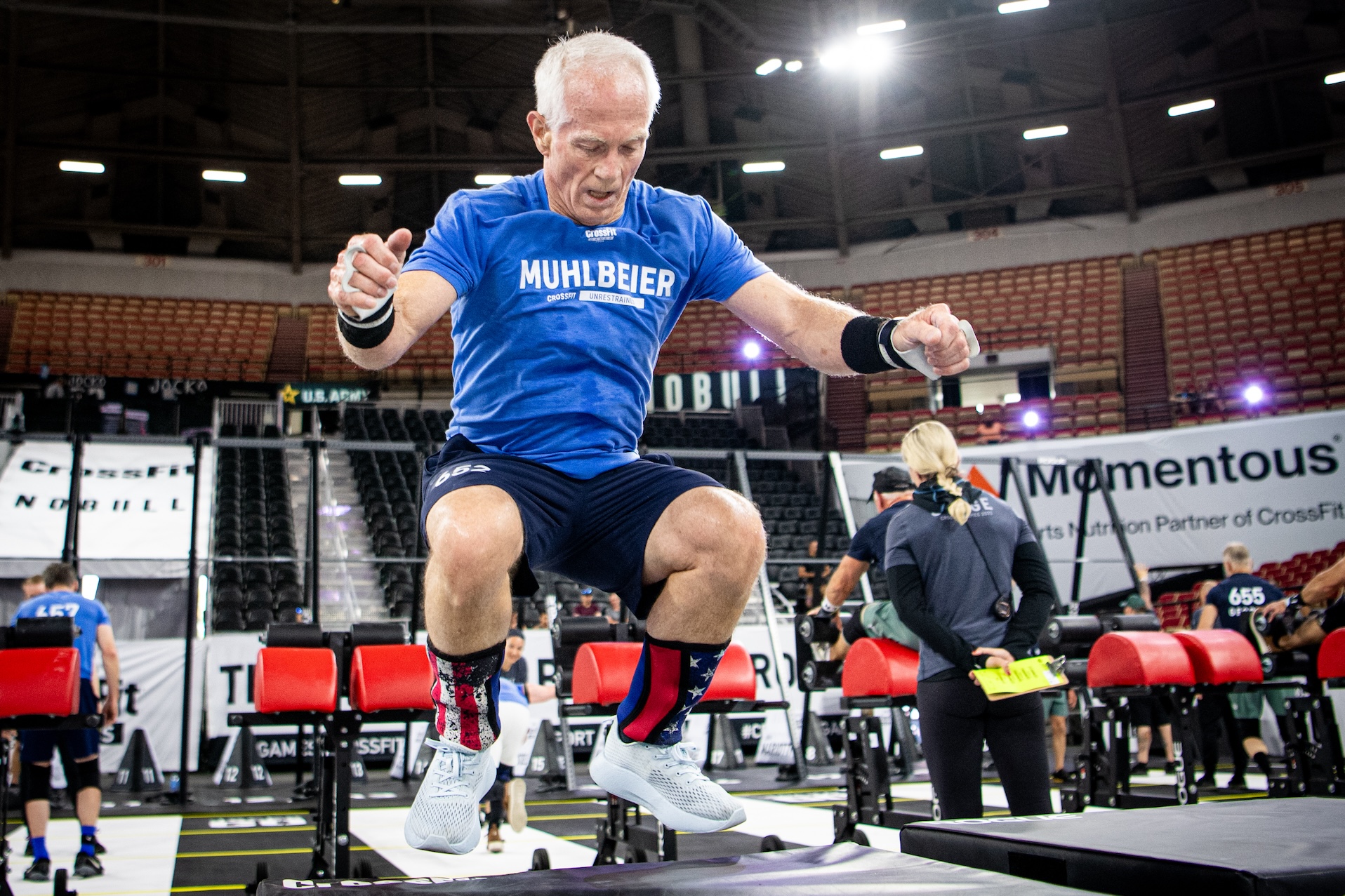 Masters athlete Tom Muhlbeier mid-box jump.